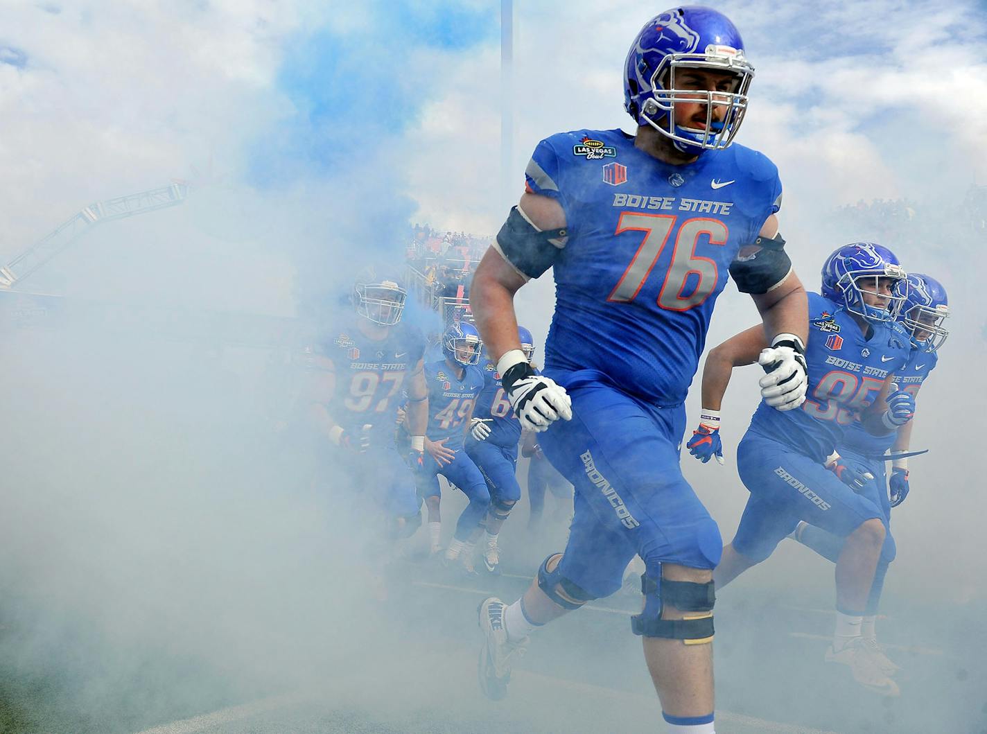 Boise State defensive tackle Ezra Cleveland (76) takes the field before the start of the Las Vegas Bowl against Oregon at Sam Boyd Stadium in Las Vegas on December 16, 2017. (David Becker/Getty Images/TNS) ORG XMIT: 1645368