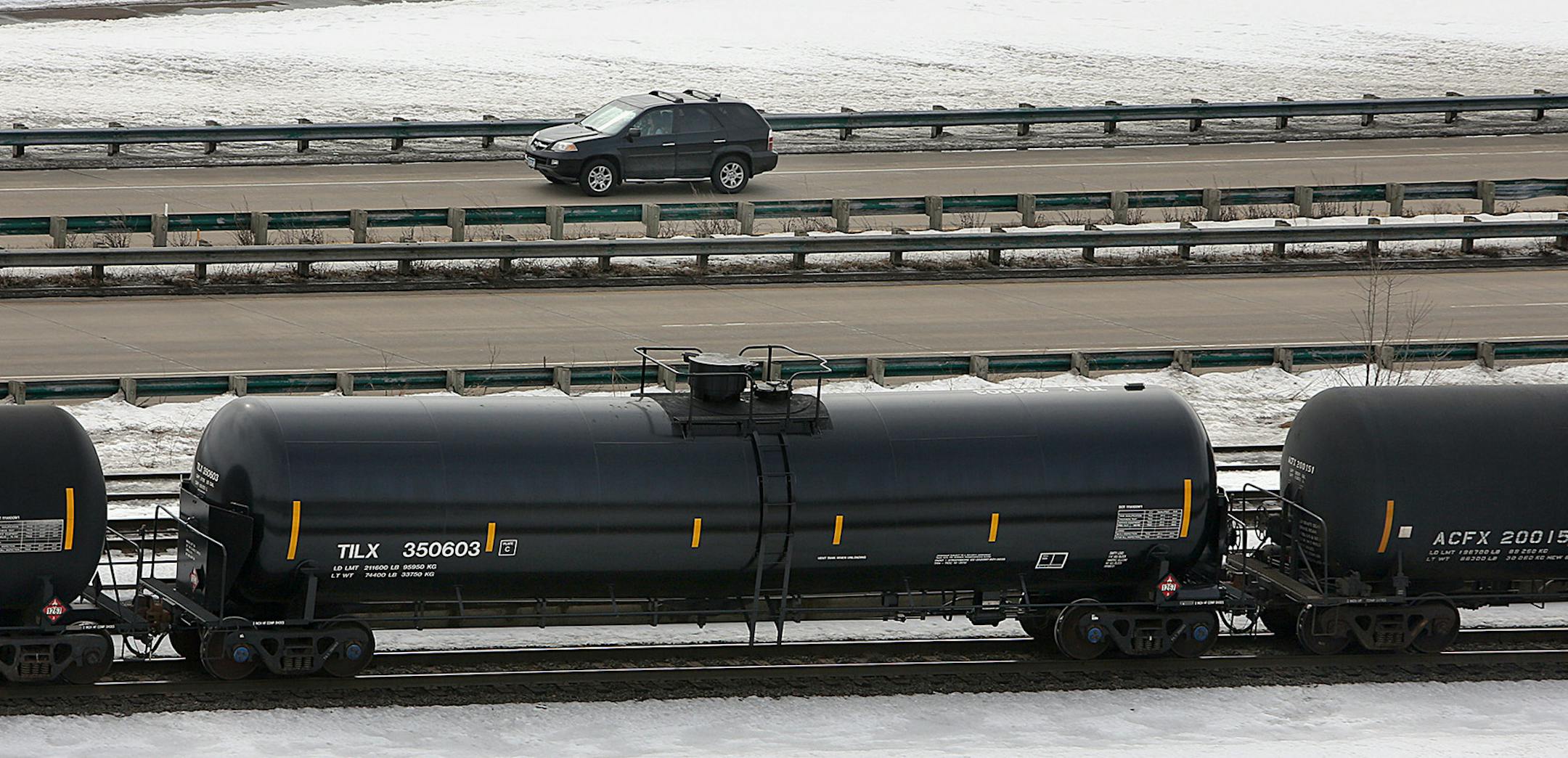 Canadian Pacific has seen a dramatic increase in crude oil shipments in tank cars. This crude-only “unit train” passed through St. Paul (here, along Warner Road and the Mississippi River) on Feb. 27. Unit trains of up to 120 cars are loaded with crude in at terminals in North Dakota and Canada and take their cargo to a single destination, often refineries on the East Coast and Gulf Coasts. It was not known where this train originated or was headed. CP says that 53,500 car loads of