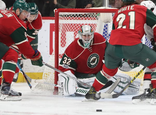 Wild Goalie Alex Stalock(32) allowed one goal in his first game.]At the Xcel Energy Center in a game between the Wild and Ottawa.Richard Tsong-Taatari