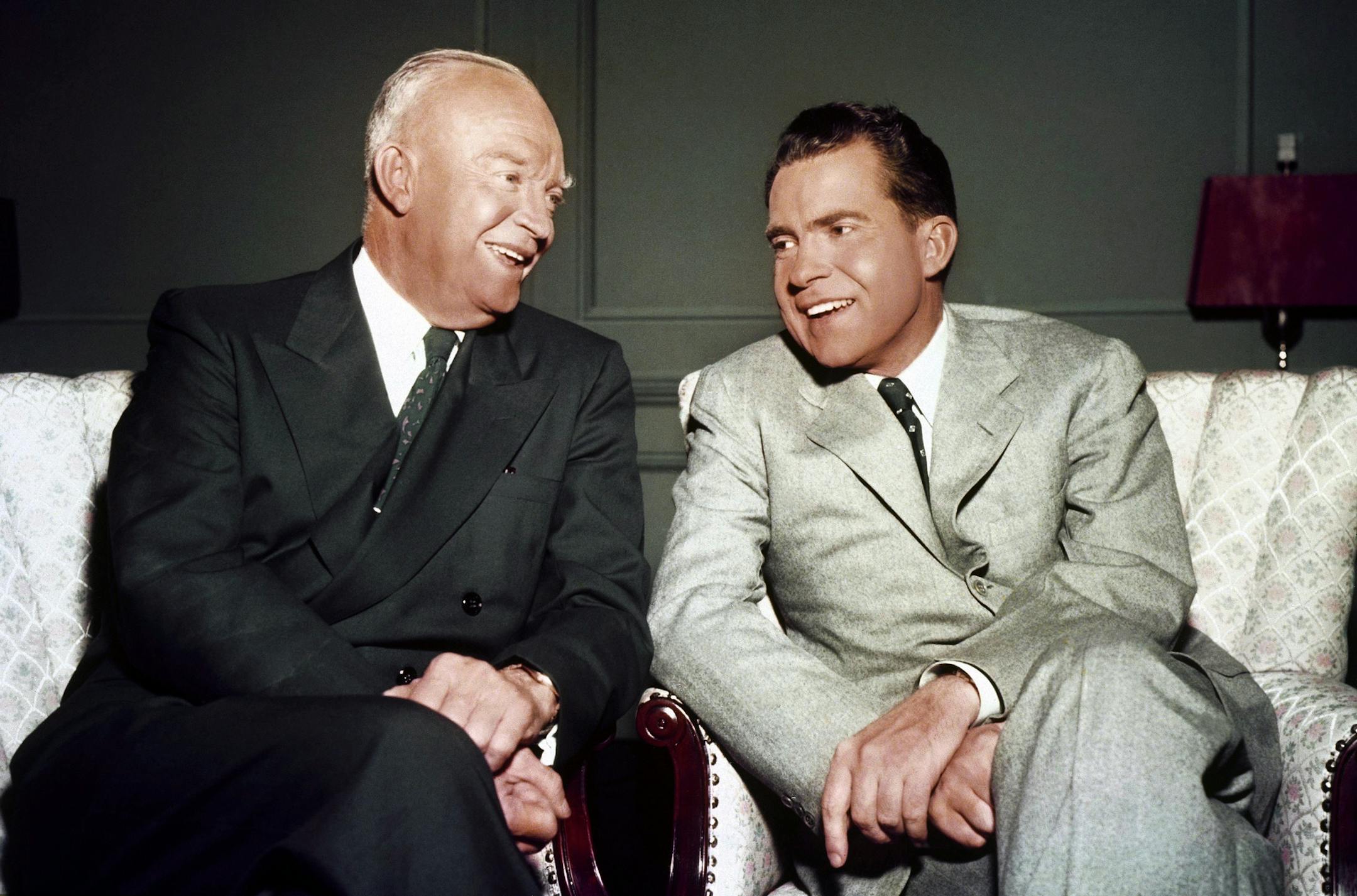 President Dwight D. Eisenhower seated with Vice Pres. Richard Nixon in November 1952. (AP Photo) ORG XMIT: APHS301001