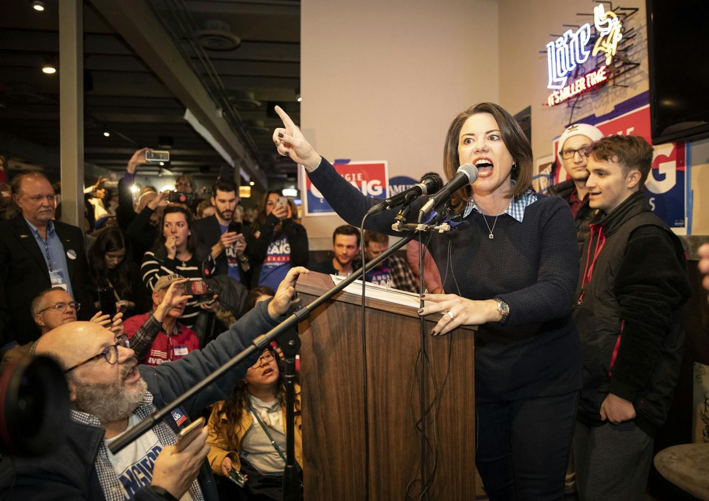 Angie Craig spoke to supporters after winning the 2nd congressional district on Tuesday, November 6, 2018, at an election party for her at the Lone Oak Grill in Eagan, Minn.