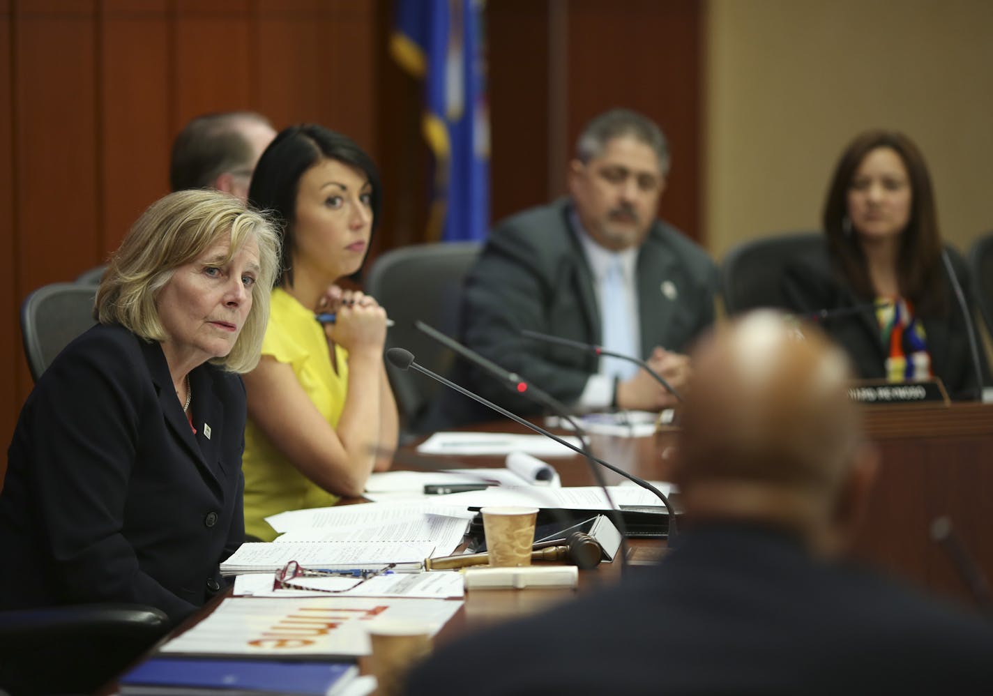 Susan Haigh, Chair of the Metropolitan Council, left, listened to comments by council member Gary Cunningham, moments before she called for a vote on the project during the Metropolitan Council's meeting Wednesday afternoon. ] JEFF WHEELER &#x201a;&#xc4;&#xa2; jeff.wheeler@startribune.com The Twin Cities biggest transit project passed a major milestone Wednesday, April 9, 2014 with the approval of a $1.68 billion design that emerges from years of planning and wrangling to face a decisive showdow