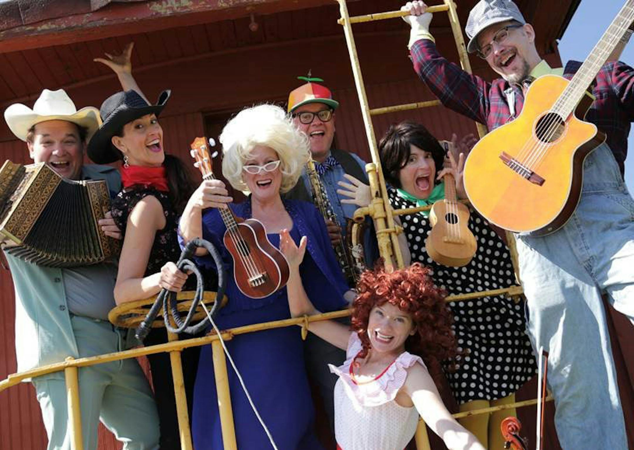 Luverne Seifert, Andrea Wallenberg, Darcey Engen, Eriq Nelson, Kimberly Richardson (front center), Elise Langer and Jim Lichtscheidl in "Hoopla Train"