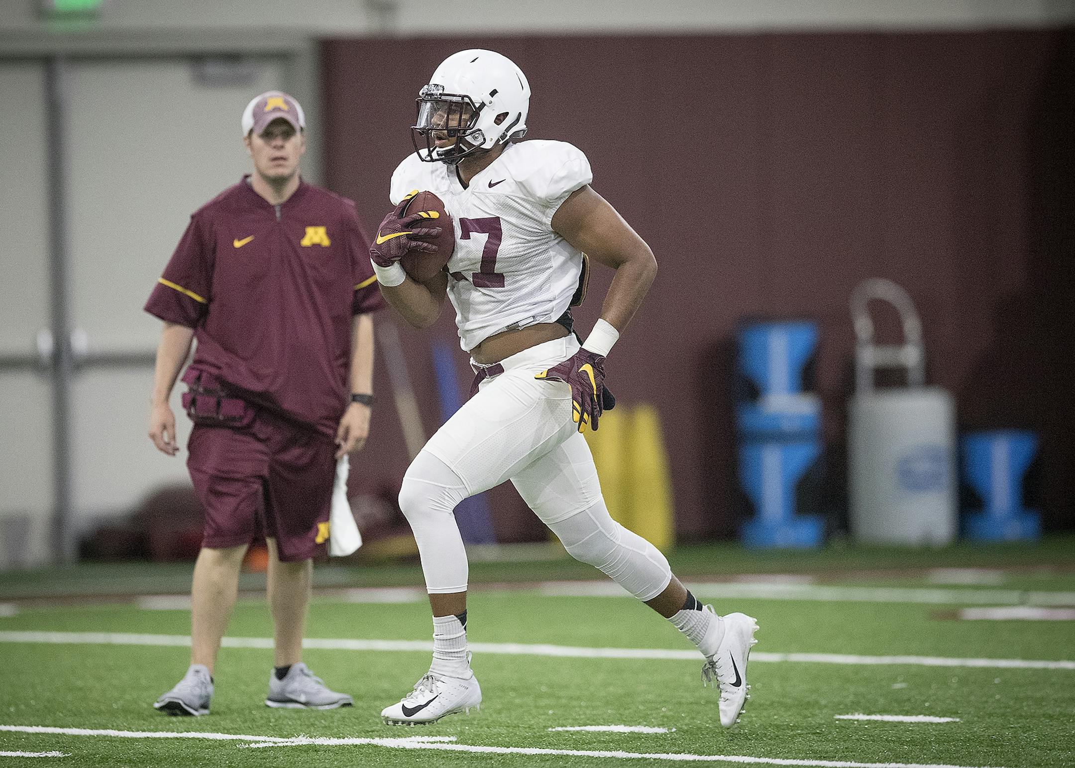 Minnesota's tight end Seth Green took to the field for the first practice that was open to the public at the Athletes Village at the University of Minnesota in Minneapolis, MN.