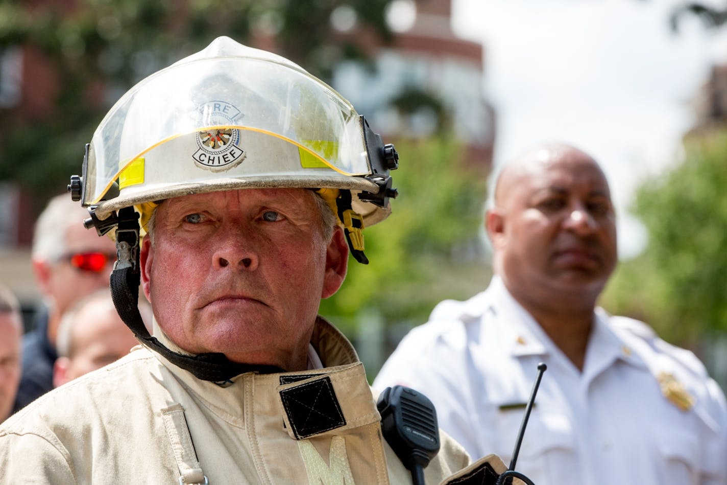 Minneapolis Fire Chief John Fruetel speaks during a news conference at Minnehaha Academy following an explosion and partial building collapse on Aug. 2, 2017.