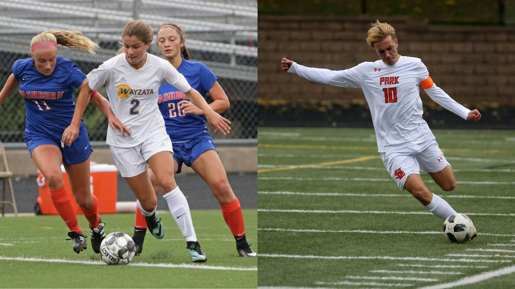 Lily Gilbertson of Wayzata (left, in white) and Zinedine Kroeten of St. Louis Park are among seven players who still have a chance to win a Class 2A championship and a Ms. or Mr. Soccer Award.