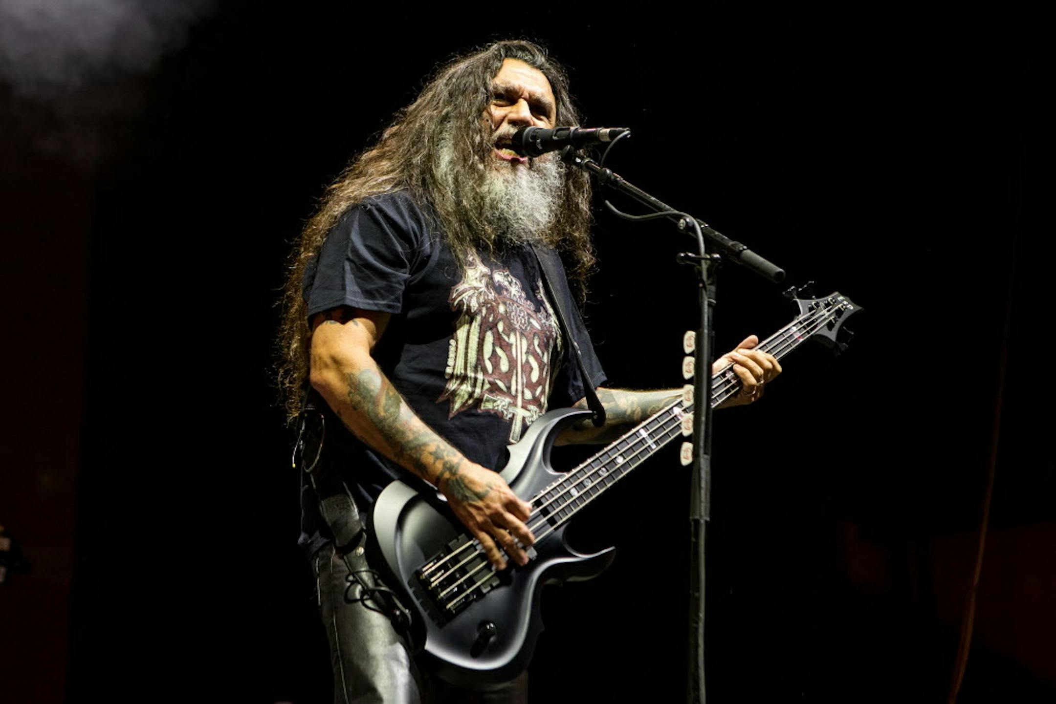 Tom Araya of Slayer performs during the 2015 Rockstar Energy Drink Mayhem Festival at San Manuel Amphitheater on Saturday, June 27, 2015 in San Bernardino, Calif.