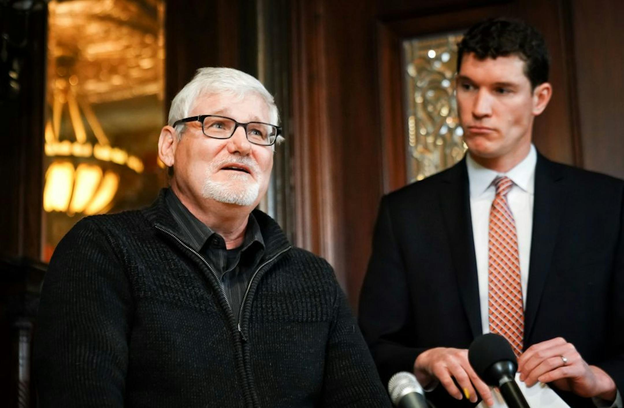 Victim Ben Januschka and attorney Mine Finnegan spoke at a news conference about the Archdiocese of St. Paul and Minneapolis attempting to block a clergy abuse settlement made with the Crosier religious order last year.