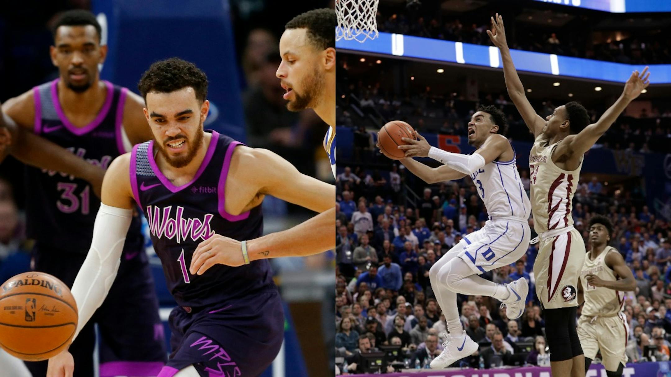 The Jones brothers -- Tyus of the Timberwolves, left, and Tre of the Duke Blue Devils -- are keeping tabs on one another, especially with the start of the NCAA tournament.