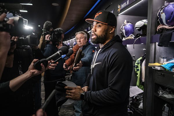 Vikings DE Everson Griffen (97) addressed end of the season questions.] Vikings players cleaning out their lockers. at end of season. RICHARD TSONG-TA