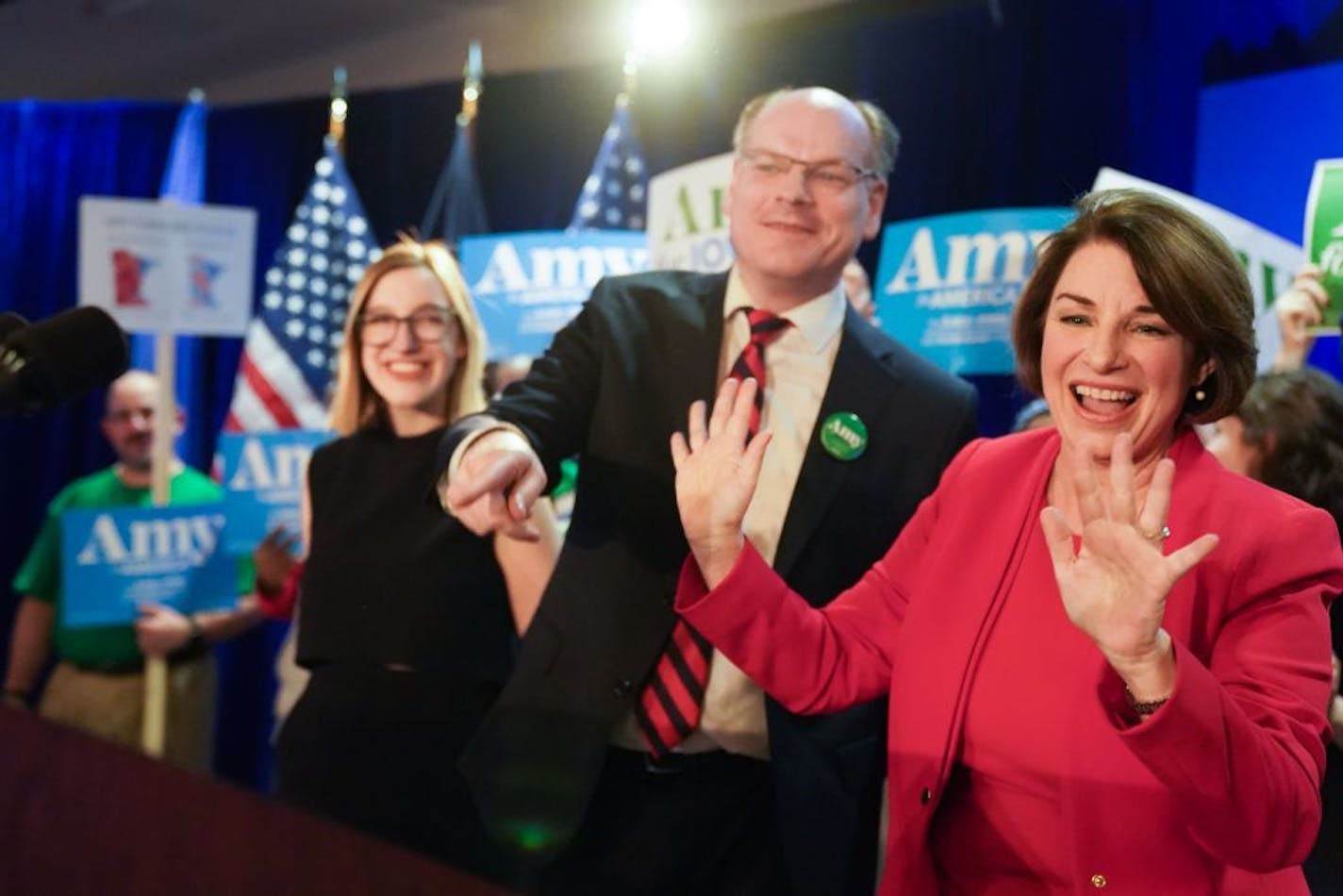 Sen. Amy Klobuchar spoke to supporters while waiting for results at her caucus night party Monday in Des Moines.