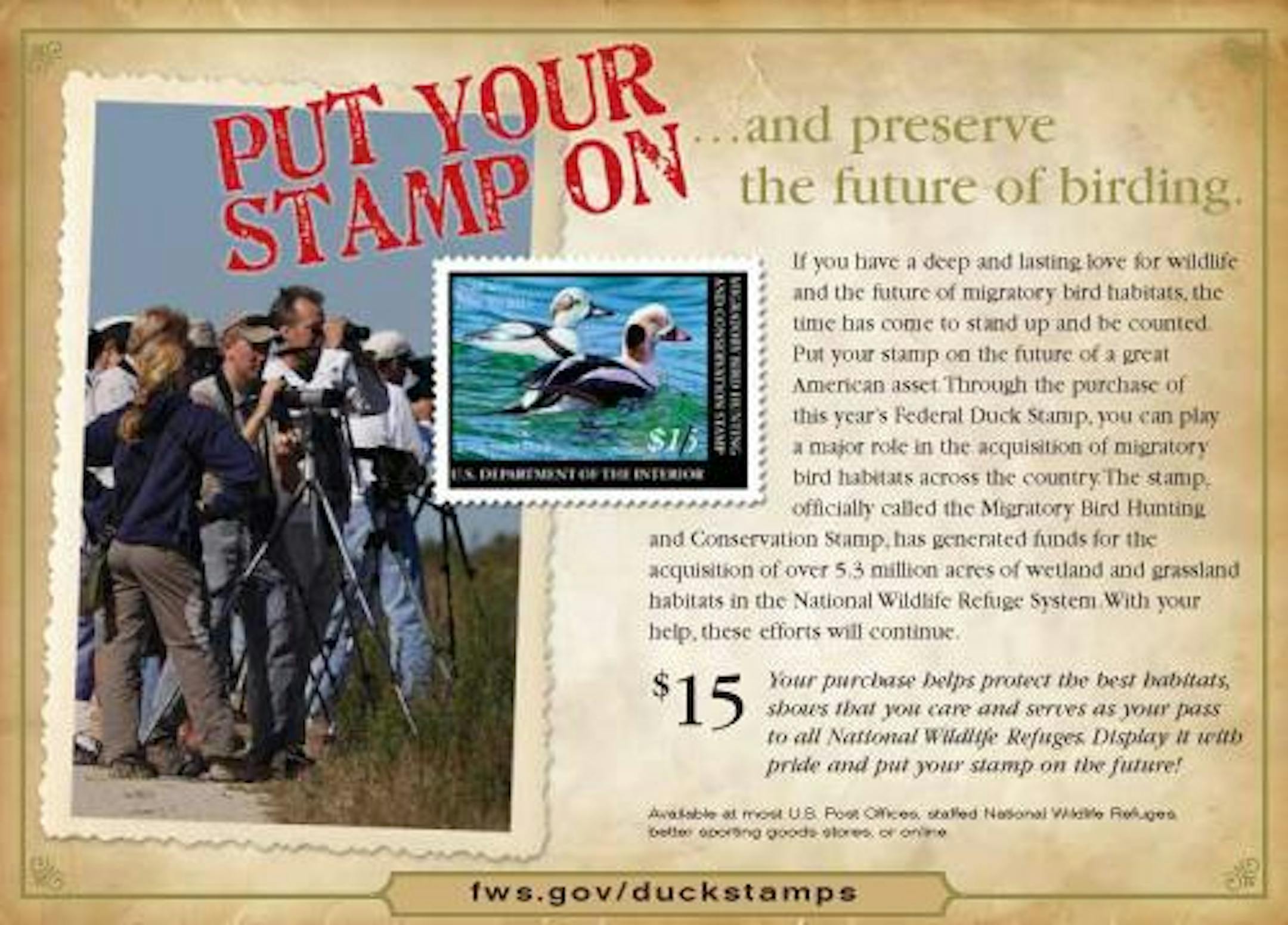 An ad suggesting that birders buy federal Duck Stamps.