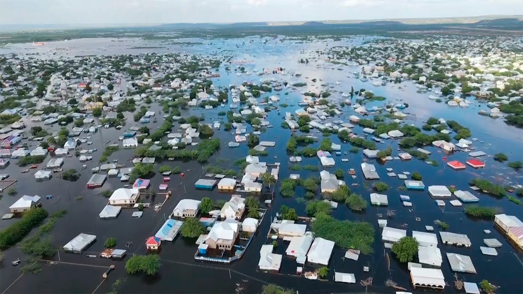 Flooded streets are seen from the air in the town of Beledweyne, in Somalia, Sunday, Nov. 19, 2023.
