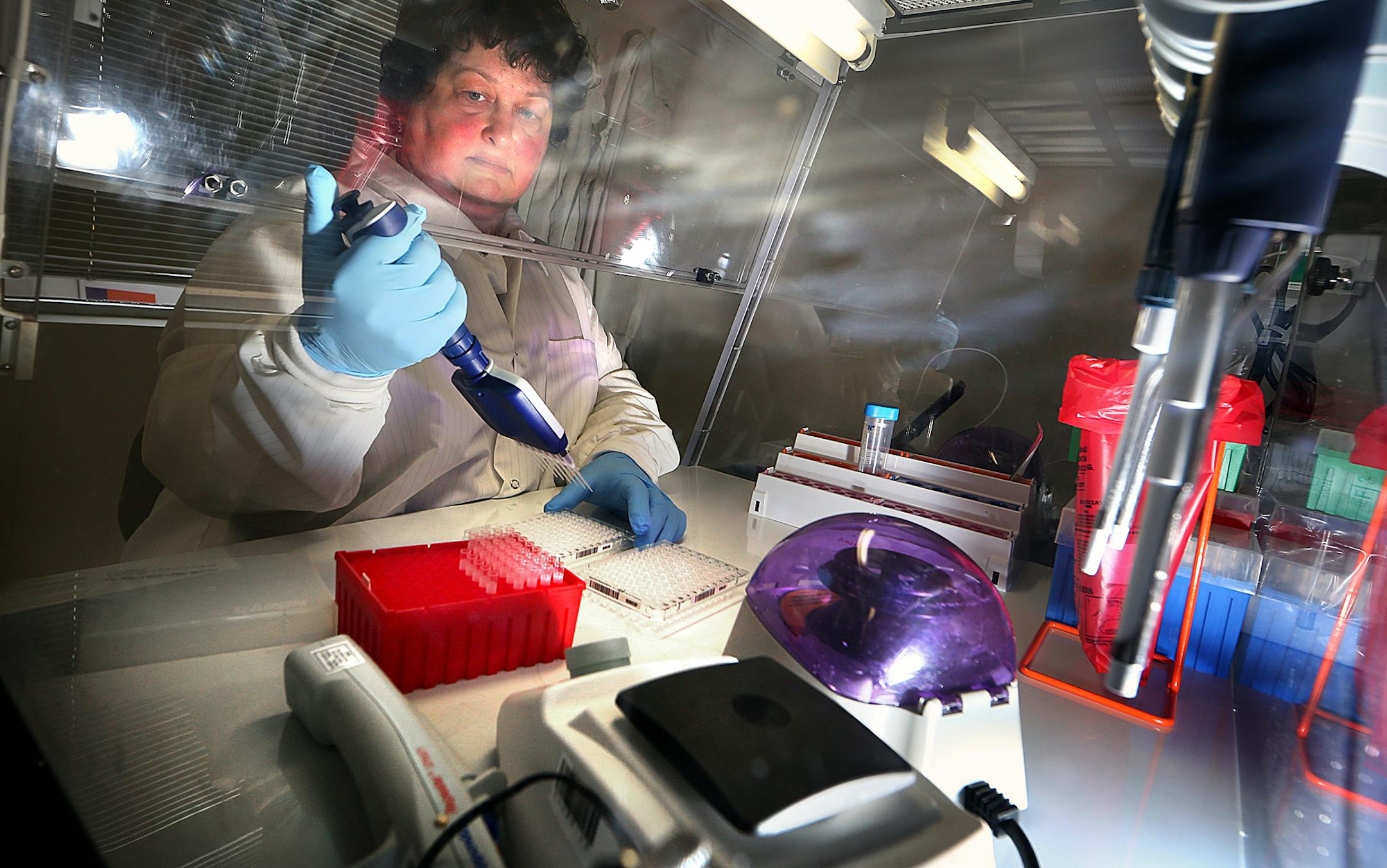 Susan Belzer, vice president of Diagnostics at MD Biosciences, demonstrated the technique that will be used to test for Zika virus when samples of blood or urine arrive at the lab for evaluation. ] JIM GEHRZ ï james.gehrz@startribune.com /St. Paul, MN / March 3, 2016 /1:00 PM ñ BACKGROUND INFORMATION: A St. Paul based diagnostics company is racing to develop a reliable assay test to detect the Zika virus in human blood samples. Several companies across the country are doing the same th