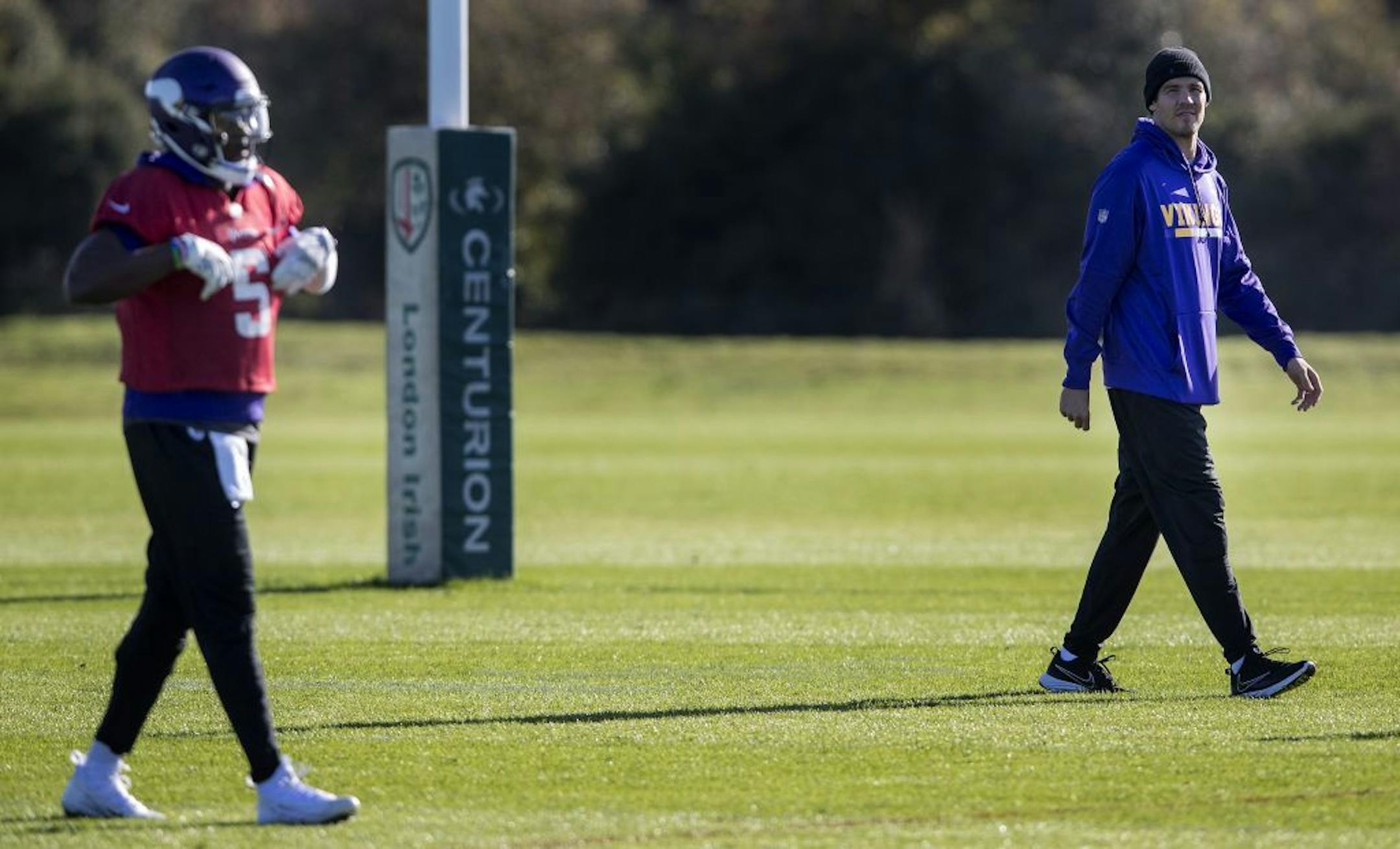 Minnesota Vikings quarterbacks Teddy Bridgewater and Sam Bradford during a practice at the London Irish Training Ground in perpetration for a game vs. the Cleveland Browns.
