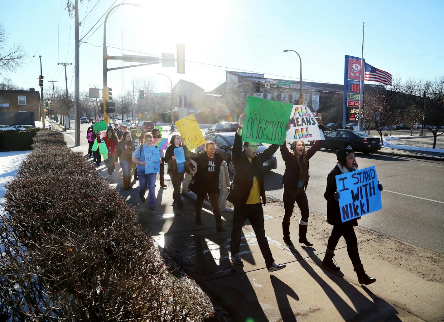 Concordia University students and others marched in support of Nikki Hagan, a 19-year-old sophomore, who was forced off a campus prayer group after announcing on Facebook that she is bisexual and seen at Concordia Friday, Dec. 4, 2015, in St. Paul, MN.](DAVID JOLES/STARTRIBUNE)djoles@startribune.com Students at Concordia University in St. Paul Conare holding a march and rally on Friday in support of Nikki Hagan, a 19-year-old sophomore, who was forced off a campus prayer group after announcing o