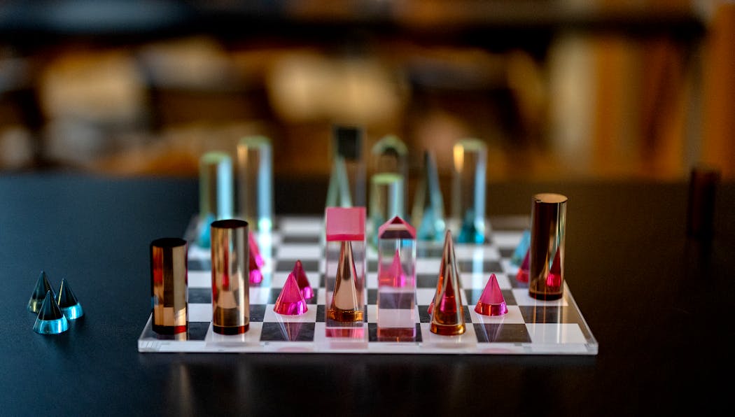 A modern chess set on a table in the bar at the Moxy Thursday in Minneapolis.