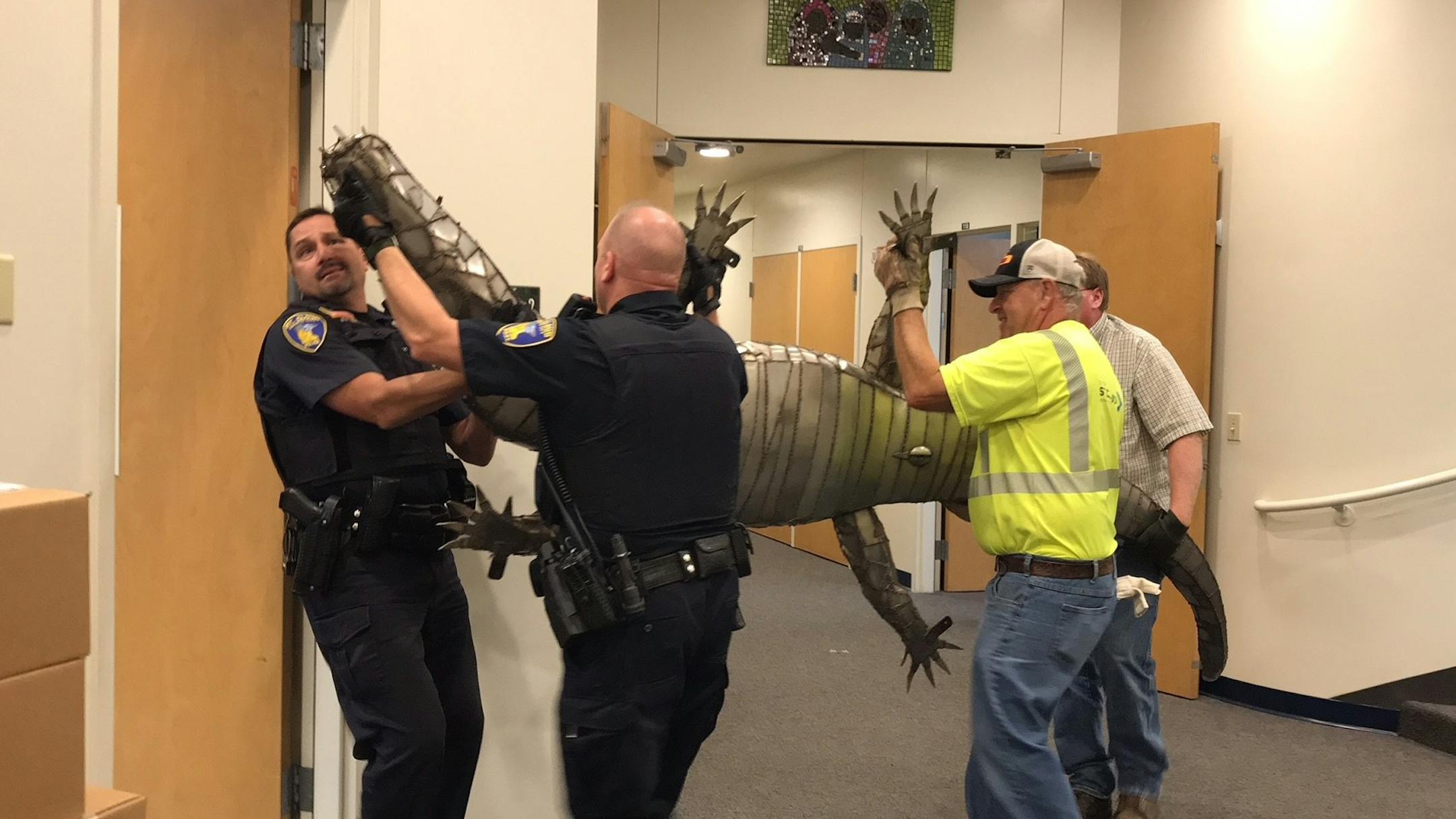 St. Cloud police apprehended the missing crocodile sculpture on Friday morning.