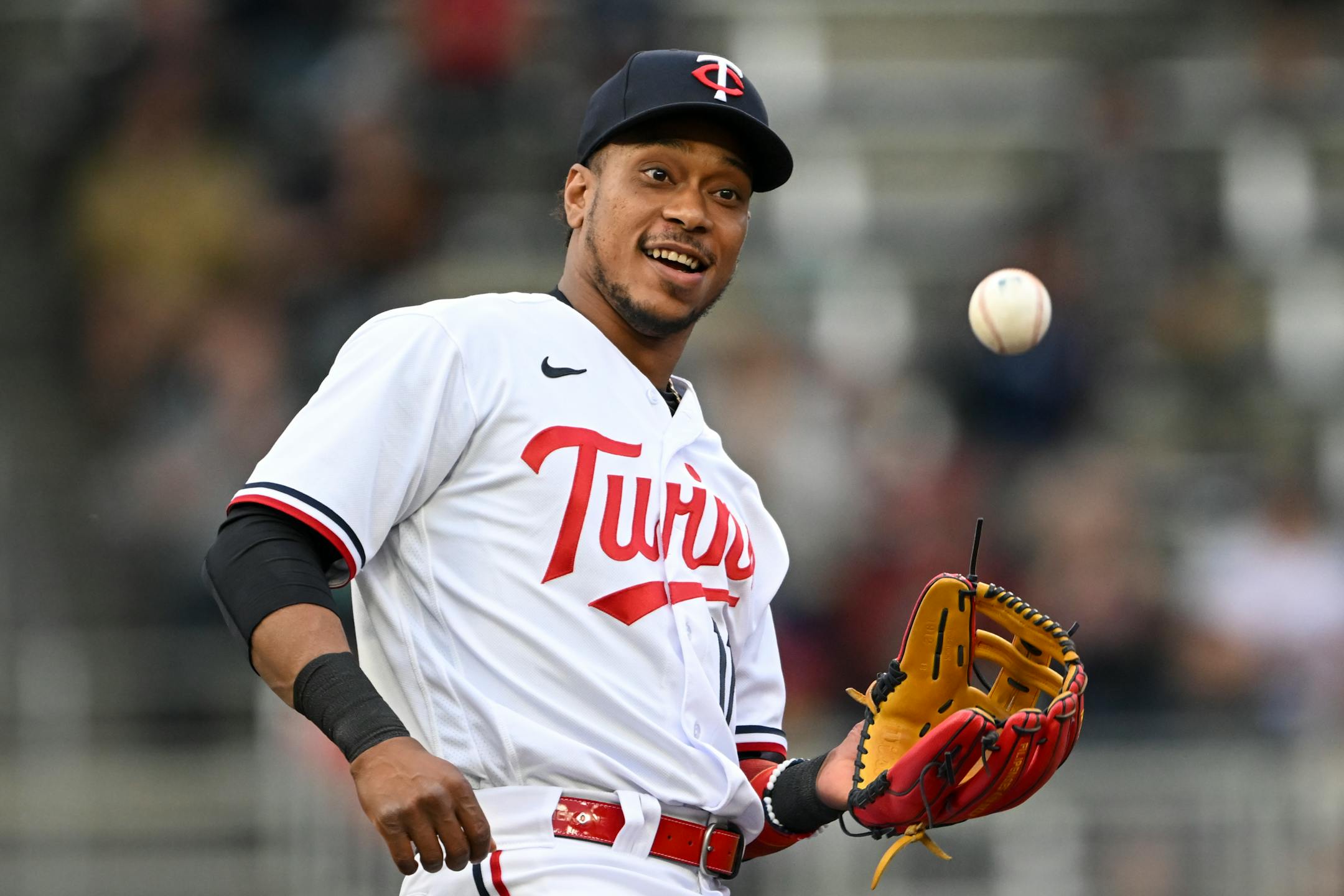 Minnesota Twins second baseman Jorge Polanco (11) reacts after turning a double play in the top of the second inning against the San Diego Padres Tuesday, May 9, 2023, at Target Field in Minneapolis, Minn.. ] AARON LAVINSKY • aaron.lavinsky@startribune.com