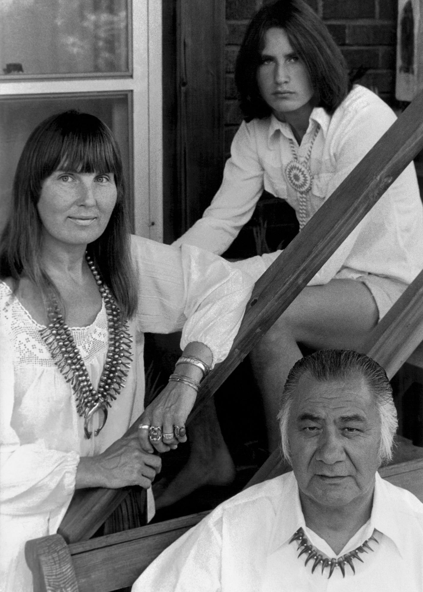 Artist George Morrison, bottom right, with his wife, Hazel Belvo, and son Briand Morrison, 1976. Photo by Victor Bloomfield, retouched by Rik Sferra. Photo courtesy Hazel Belvo