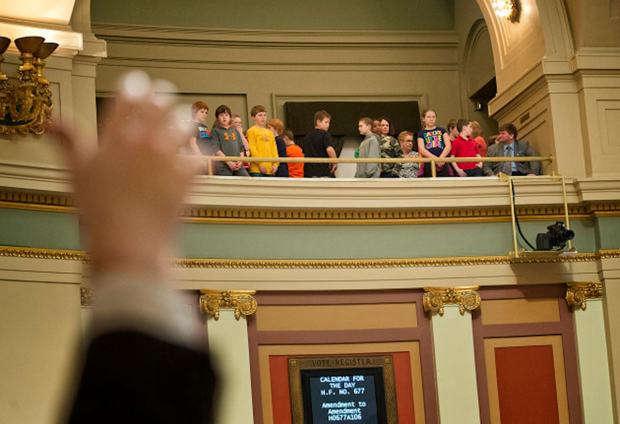 Visiting students watched from the House gallery as members raised handt to call for a roll call vote on an amendment  during House debate of the tax bill.  Wednesday, April 24, 2013    ]       GLEN STUBBE * gstubbe@startribune.com