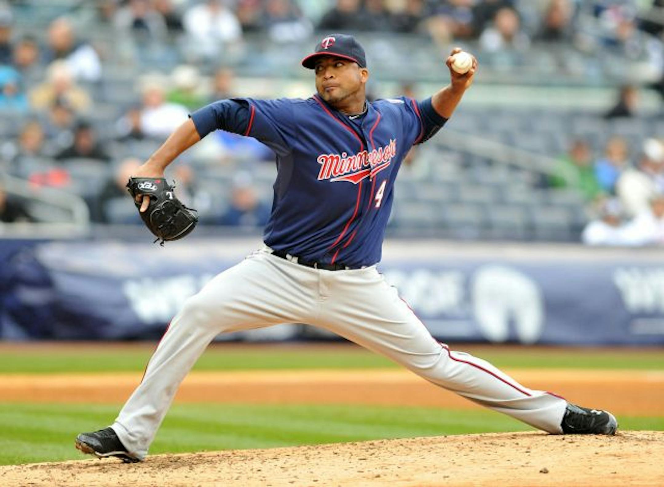 Minnesota Twins starting pitcher Francisco Liriano (47) throws in the bottom of the fourth inning against the New York Yankees at Yankee Stadium in New York, Thursday, April 7, 2011. The Yankees defeated the Twins, 4-3.