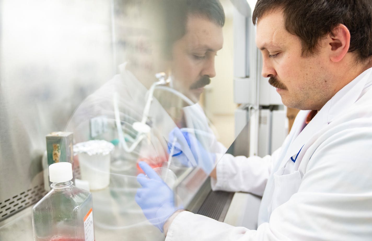 Tanner Schumacher, a PhD candidate in the integrated biosciences program, changes the growth media in a petri dish containing stage IV breast cancer cells Thursday, Jan. 11, 2024, at the University of Minnesota Duluth in Duluth, Minn. Schumacher is part of the group at the university that started their own business, Rebase Biotech, to develop drugs to treat various forms of cancer. ]