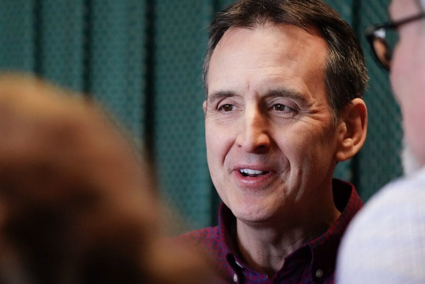 Former Gov. Tim Pawlenty greeted supporters during his first public appearance after entering the race to seek a historic third term. He answered questions from the press at Hovies Grill in Eagan.