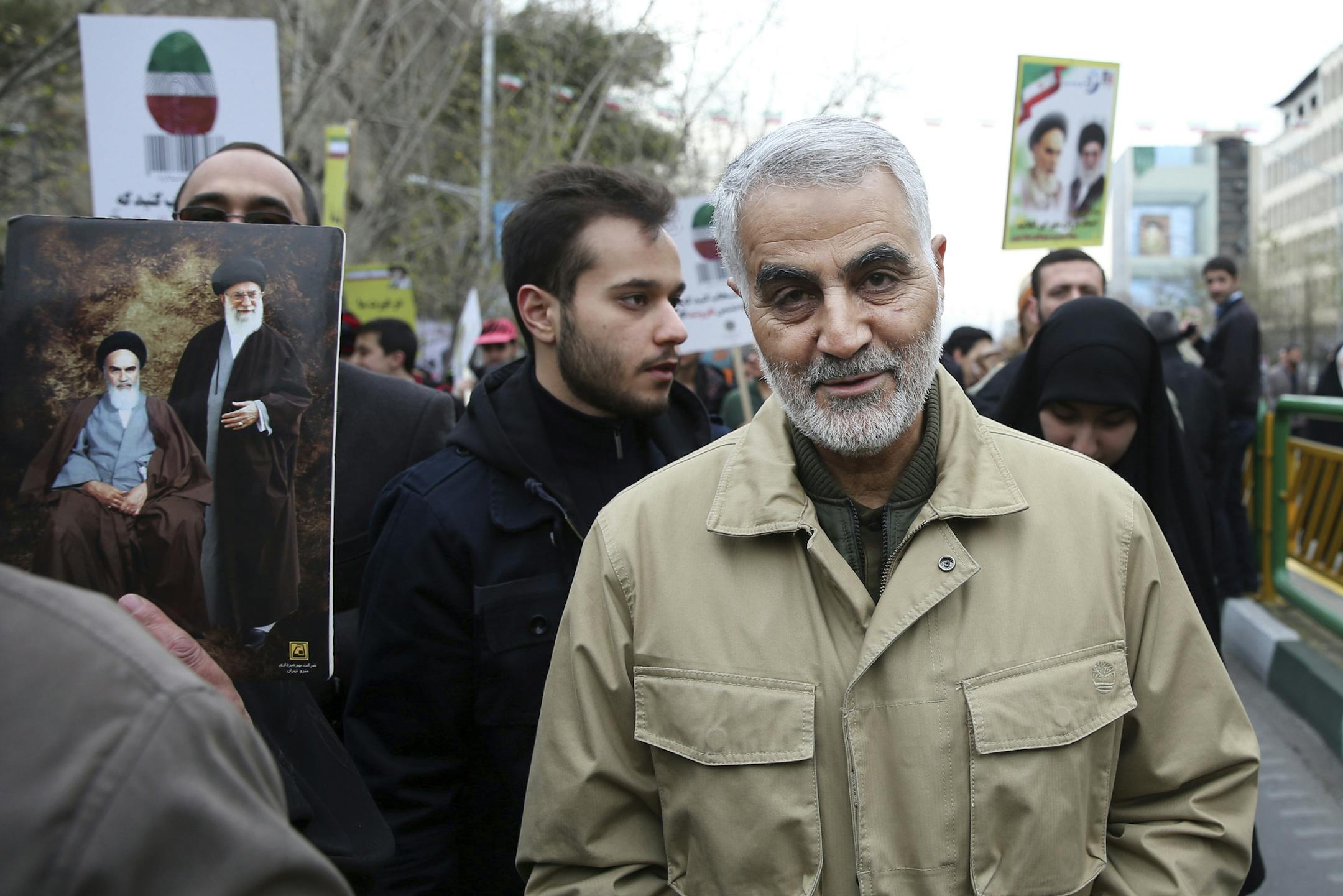 FILE - In this Thursday, Feb. 11, 2016, file photo, Qassem Soleimani, commander of Iran's Quds Force, attends an annual rally commemorating the anniversary of the 1979 Islamic revolution, in Tehran, Iran. The U.S. airstrike that killed a prominent Iranian general in Baghdad raises tensions even higher between Tehran and Washington after months of trading attacks and threats across the wider Middle East. (AP Photo/Ebrahim Noroozi, File)