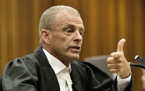 State prosecutor Gerrie Nel during cross questioning of Oscar Pistorius, in court in Pretoria, South Africa, Thursday, April 10, 2014.