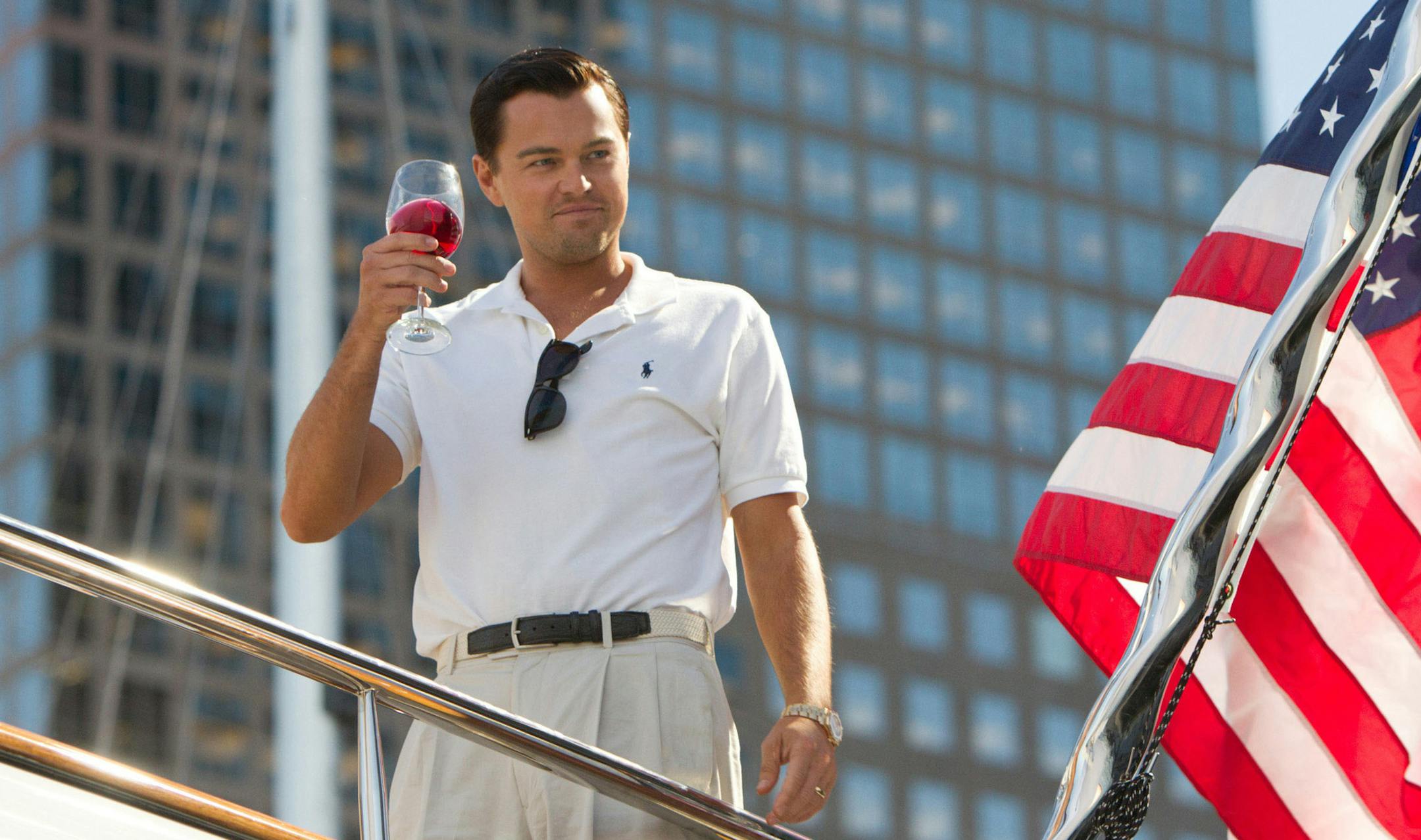 This film image released by Paramount Pictures shows Leonardo DiCaprio as Jordan Belfort in a scene from "The Wolf of Wall Street." The movie is nominated for an Oscar for best motion picture of the year as well as four other nominations. This year's best picture race at the 86th Academy Awards on Sunday, March 2, 2014, has shaped up to be one of the most unpredictable in years. (AP Photo/Paramount Pictures and Red Granite Pictures, Mary Cybulsk, filei)