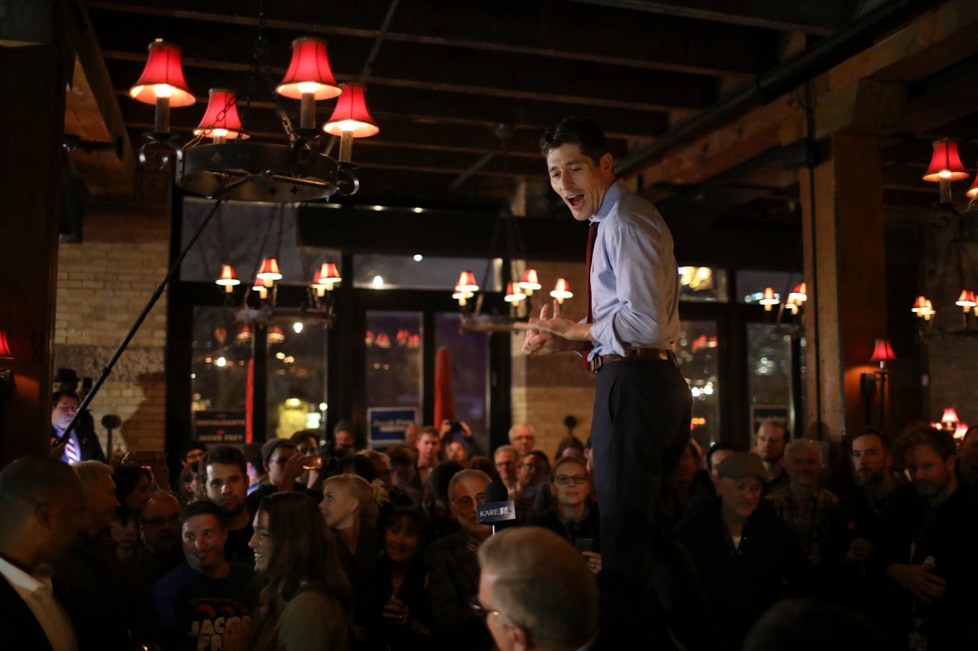 Jacob Frey addressed supporters from atop the bar at Jefe Urban Hacienda during his election night party. ] JEFF WHEELER � jeff.wheeler@startribune.com Mayoral candidate Jacob Frey's election night party is at Jefe Urban Hacienda on on the Mississippi riverfront Tuesday night, November 7, 2017 in Minneapolis.