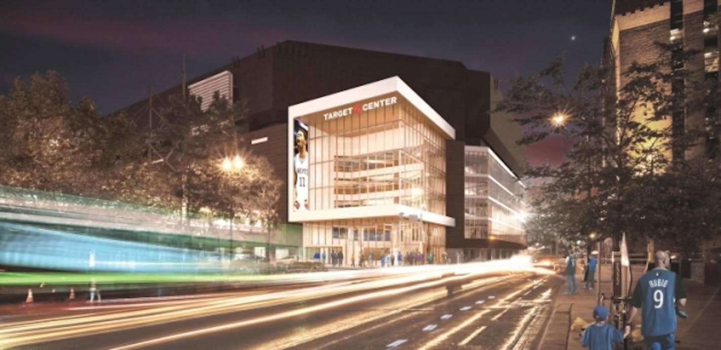 Target Center's renovation includes transforming the exterior into a more glassy, inviting facade, as this rendering illustrates.