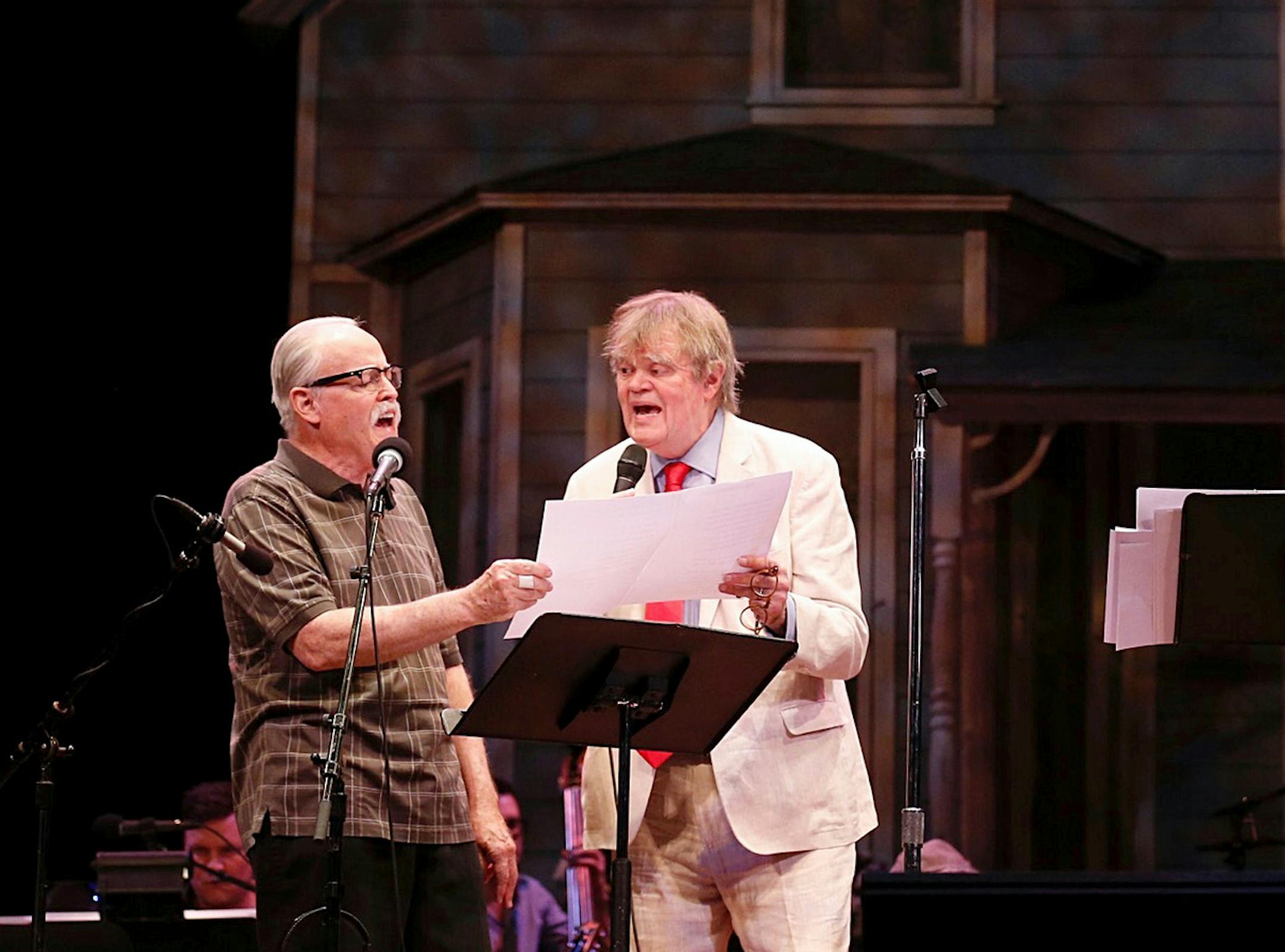 Garrison Keillor performs with Bob Douglas, left, during a live broadcast of "A Prairie Home Companion" at the State Theatre in Minneapolis on Saturday, May 21, 2016. ] (LEILA NAVIDI /STAR TRIBUNE) leila.navidi@startribune.com Garrison Keillor's last time as host for "Prairie Home Companion" from Minneapolis is expected to draw his most die-hard fans and favorite local musicians. Photographed Saturday, May 21, 2016 at the State Theatre in Minneapolis.