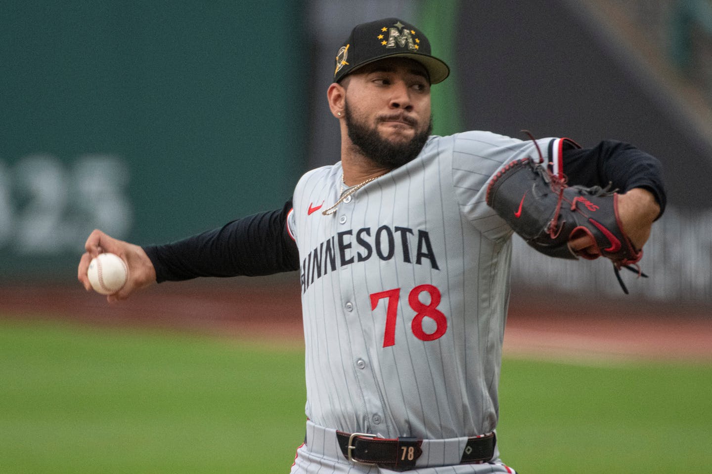 Twins starter Simeon Woods Richardson delivers a pitch against the Cleveland Guardians on Friday night.