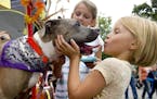 Adelyn Gamblin, of Evansville, Ind., is greeted by from Dottie in the Posey County Pound Puppies "kissing booth" Sunday, Sept. 20, 2015, during Kunstf