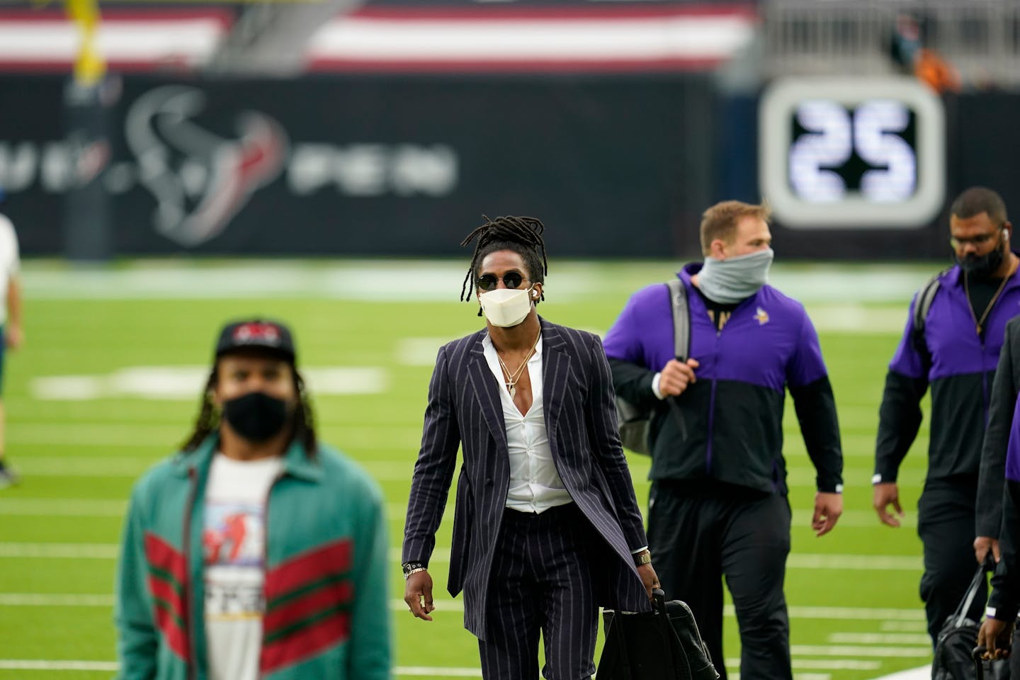 Vikings defensive back Anthony Harris is seen during team arrival in Houston