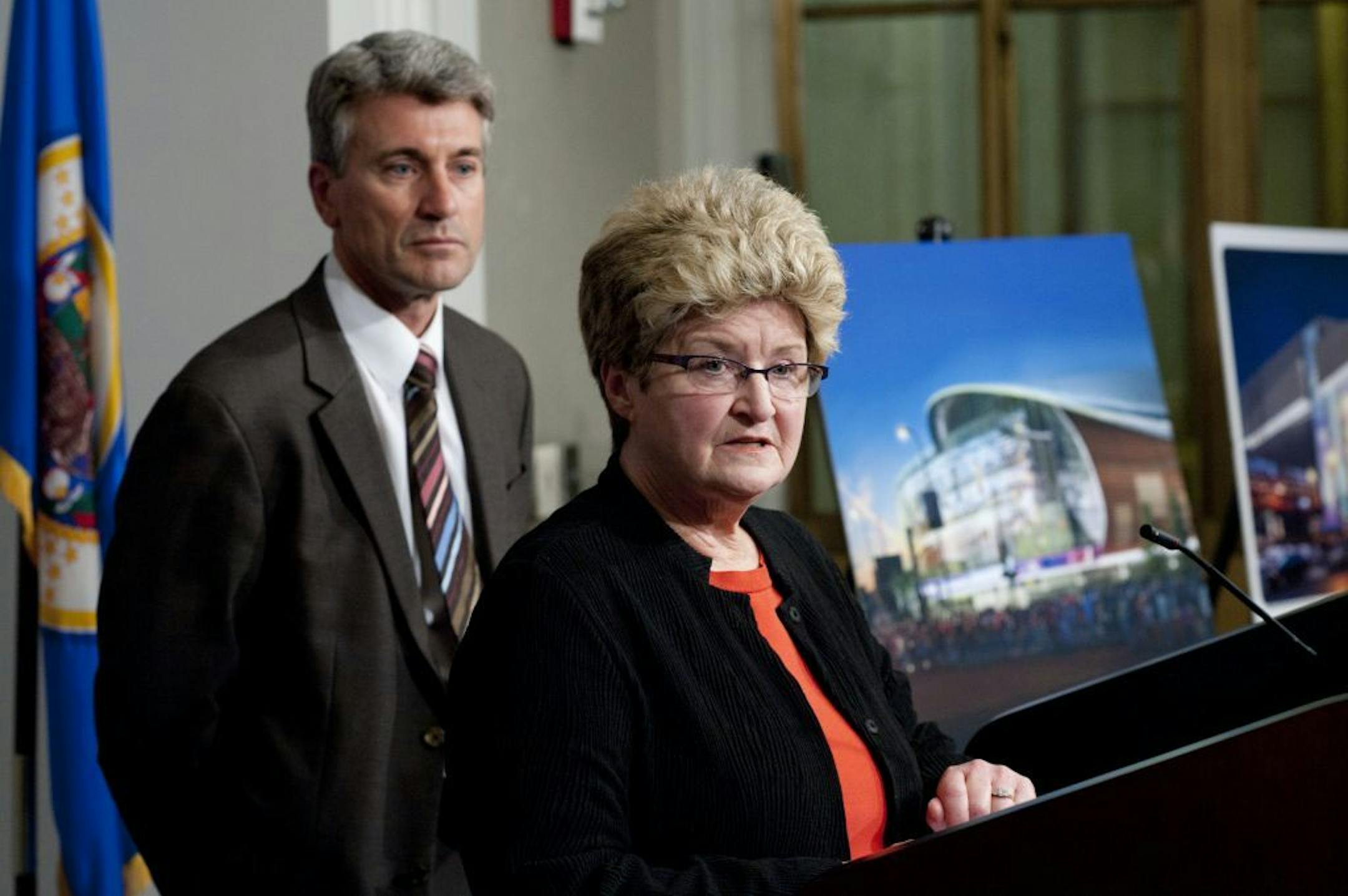 Minneapolis mayor R.T. Rybak and city council president Barbara Johnson spoke about the new proposed Vikings stadium and Target Center renovation.