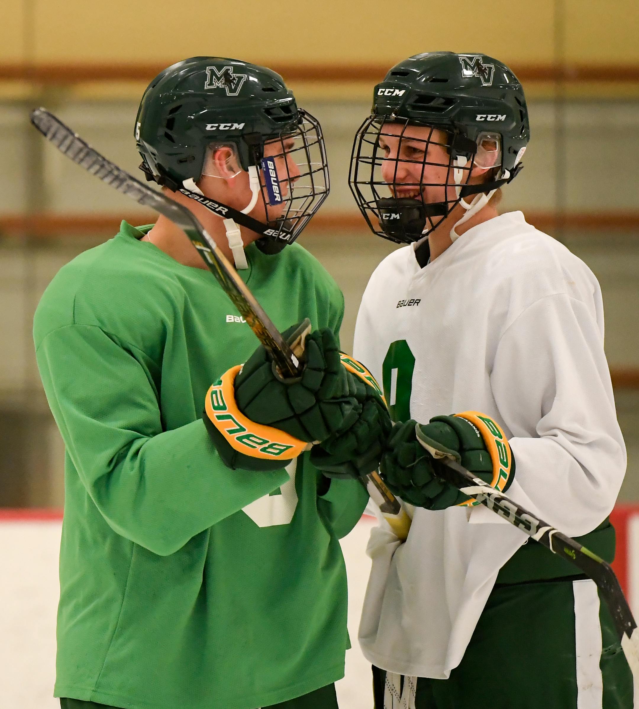 Mounds View's Cole Jacobs, right, joked with teammates Scott Jiskra during practice Tuesday. ] AARON LAVINSKY &#xef; aaron.lavinsky@startribune.com North/east zone sports feature on Mounds View hockey player Cole Jacobs. At age 9 he had a liver transplant to address a life-threatening disease. Now playing hockey and thriving, Jacobs is a huge advocate for organ transplants, believing it saved his life. We photograph Jacobs at practice on Tuesday, Jan. 2, 2017 at the Vadnais Sports Center in Vadn