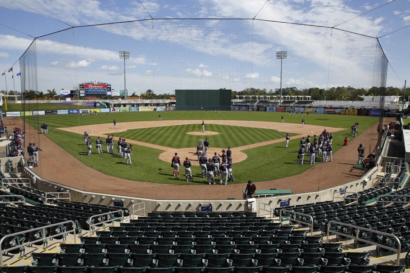 Members of the Minnesota Twins participate in a spring training baseball workout in Fort Myers, Fla., Monday, Feb. 29, 2016.