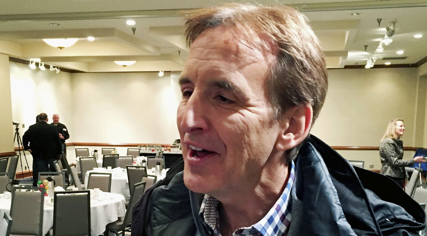 FILE - In this Dec. 8, 2017, file photo, former Minnesota Gov. Tim Pawlenty speaks after a Chamber of Commerce breakfast in St. Louis Park, Minn. Pawlenty said Tuesday, Jan. 16, 2018, he won't run this year for the U.S. Senate seat vacated by Democrat Al Franken. The two-term Republican governor and one-time presidential candidate had considered a bid in the weeks since Franken resigned due to sexual misconduct allegations. (AP Photo/Steve Karnowski, File)