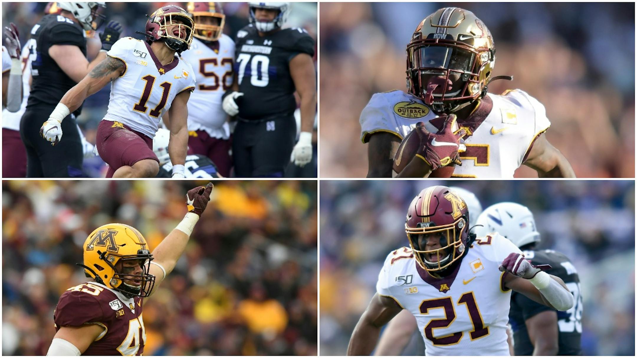 Four Gophers are preparing for the NFL draft in unconventional ways because of the COVID-19 pandemic. Clockwise, from upper left: Safety Antoine Winfield Jr., wide receiver Tyler Johnson, linebacker Kamal Martin and rusher/linebacker Carter Coughlin.