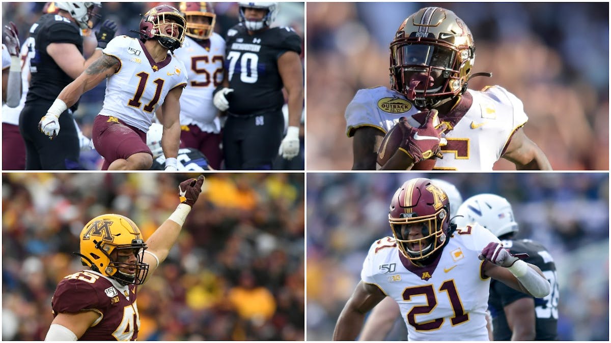 Four Gophers are preparing for the NFL draft in unconventional ways because of the COVID-19 pandemic. Clockwise, from upper left: Safety Antoine Winfi