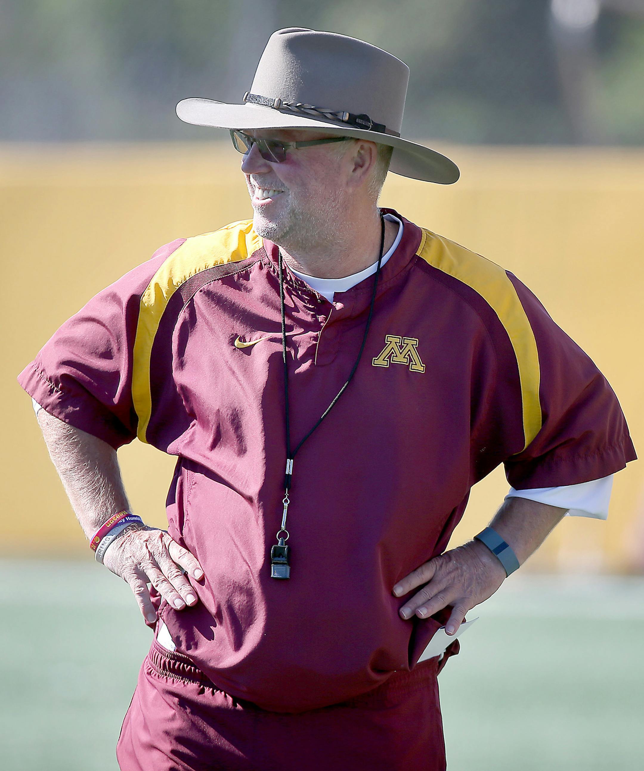 Minnesota’s Jerry Kill sported a cowboy hat and music during practice, Tuesday, August 11, 2015 at Nagurski field at the U of M in Minneapolis, MN. ] (ELIZABETH FLORES/STAR TRIBUNE) ELIZABETH FLORES • eflores@startribune.com ORG XMIT: MIN1508111326250864