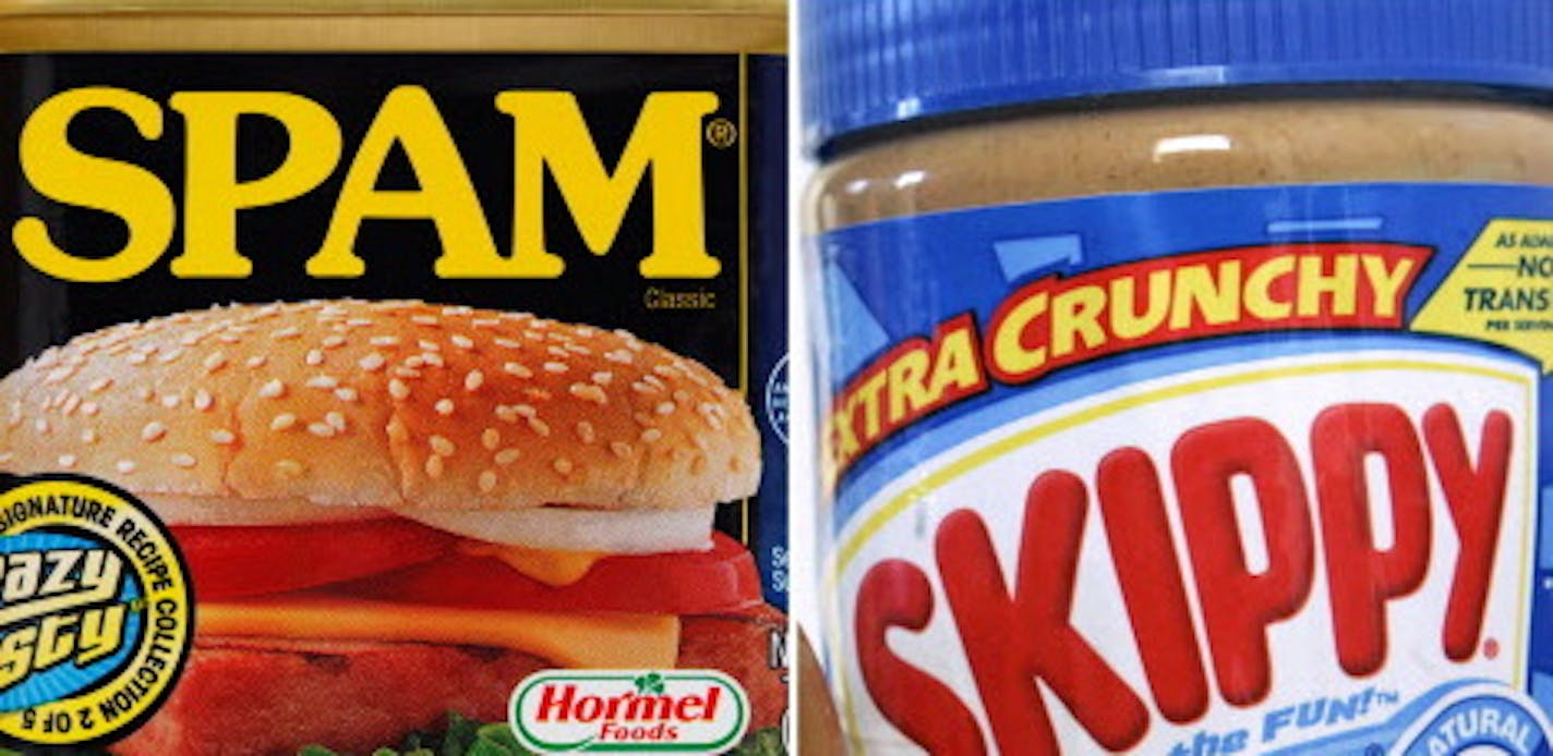 This combination of Associated Press file photos shows a can of Spam in Philadelphia on Aug. 16, 2010, left, and a 16.3 ounce jar of Skippy peanut butter in Somerville, Mass. on Aug. 26, 2008. Hormel Foods, the company primarily known for Spam and other cured, smoked and deli meats said Thursday, Jan. 3, 2013, that it's buying Skippy, the country's No. 2 peanut butter brand, in its biggest-ever acquisition. (AP Photo/File) ORG XMIT: MIN2013010312571069