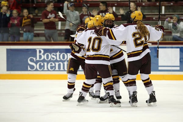 Minnesota Golden Gophers players celebrated a goal during their game vs. Ohio State on Oct. 6.