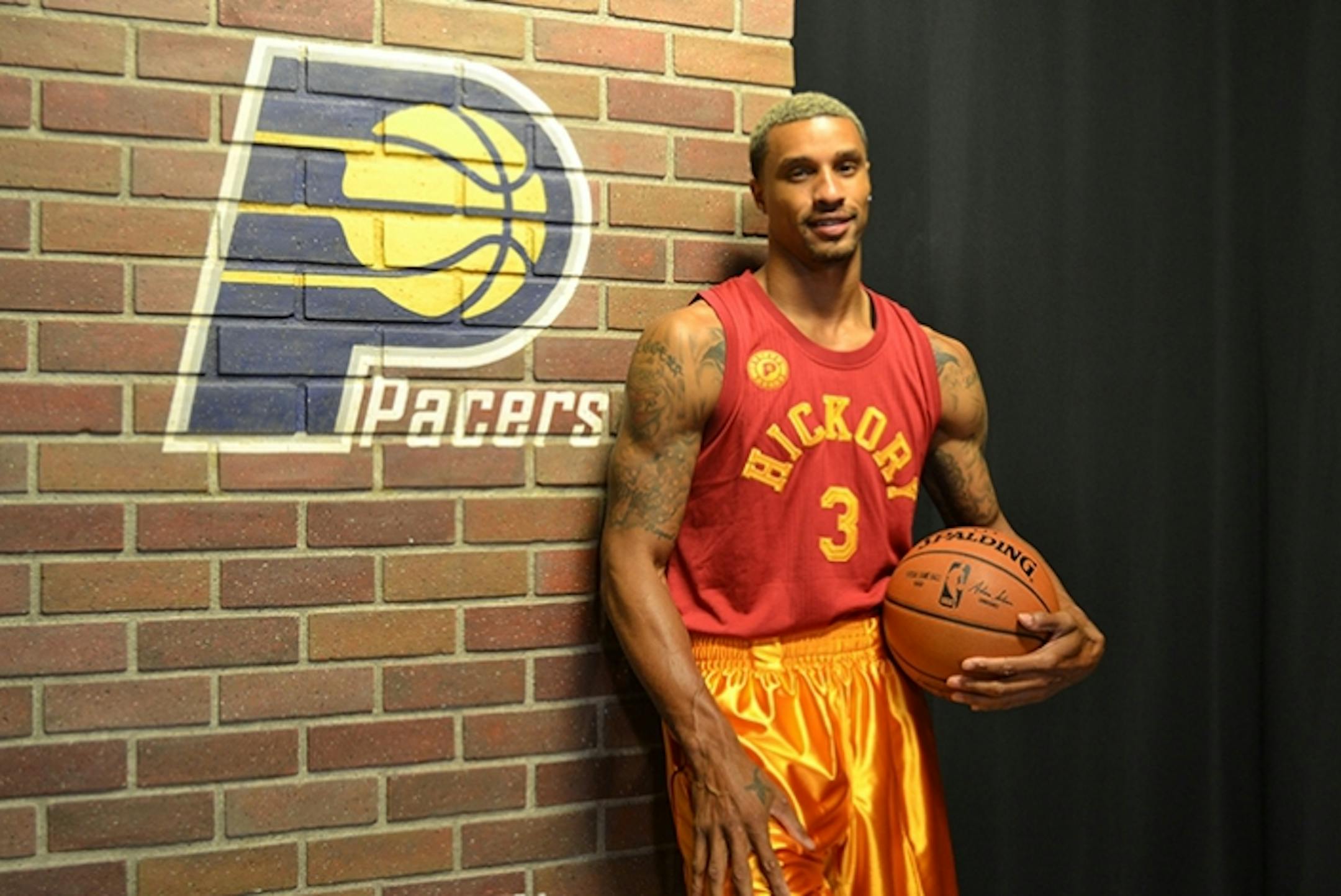 The Pacers' George Hill models the Hickory uniform players will wear during select games this season. Photo via nba.com/pacers