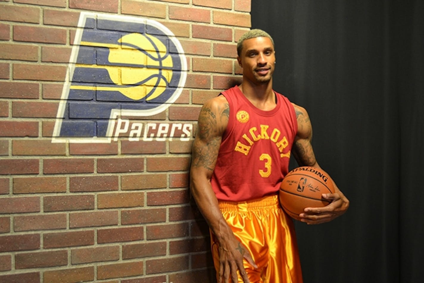 The Pacers' George Hill models the Hickory uniform players will wear during select games this season. Photo via nba.com/pacers