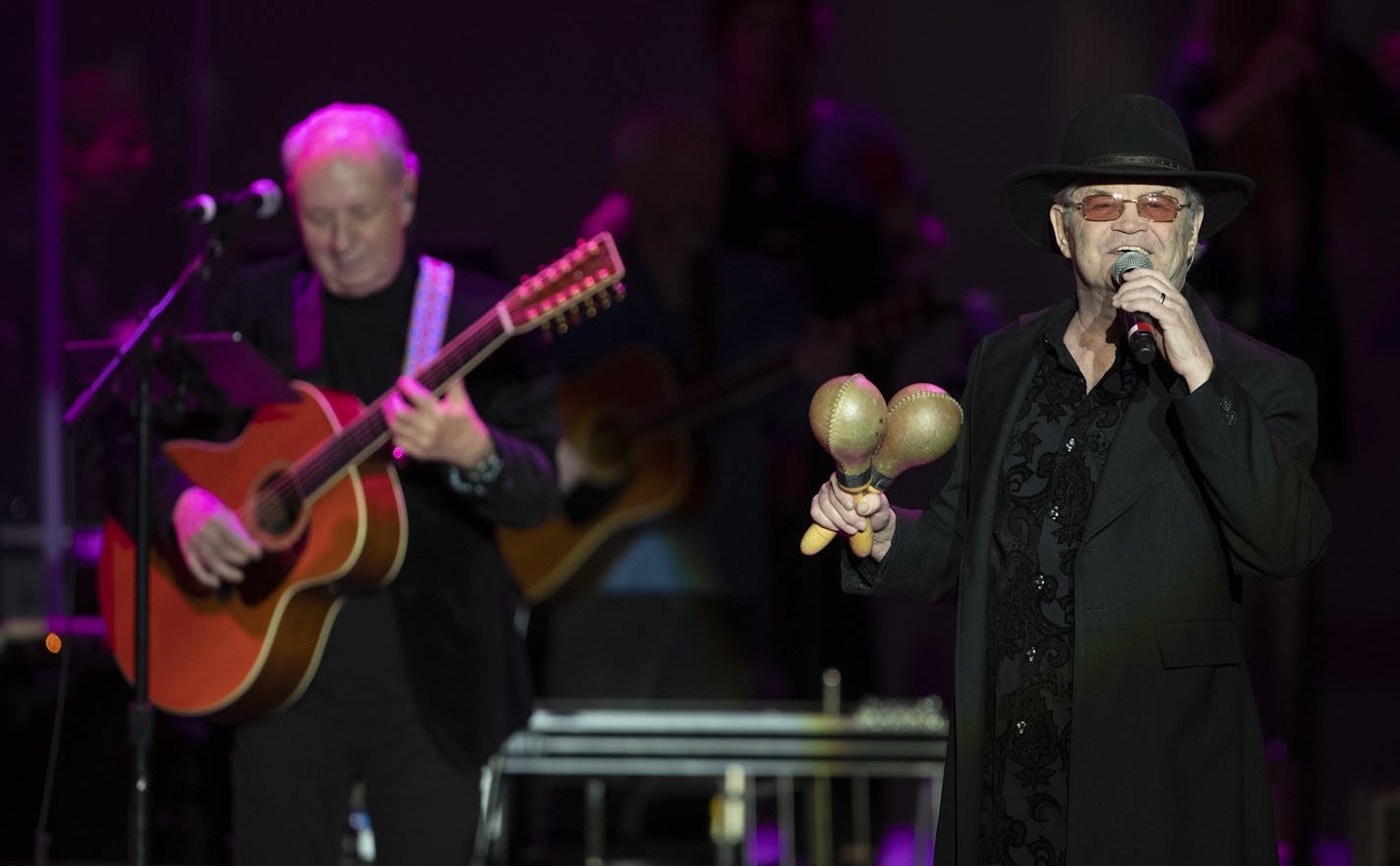 Micky Dolenz, right, and Michael Nesmith early in their set at the Mystic Showroom Thursday night. ] JEFF WHEELER &#x2022; jeff.wheeler@startribune.com The two surviving members of The Monkees, Micky Dolenz and Michael Nesmith, brought The Mike & MIcky Show to Mystic Lake Casino Hotel in Prior Lake Thursday night, March 14, 2019.