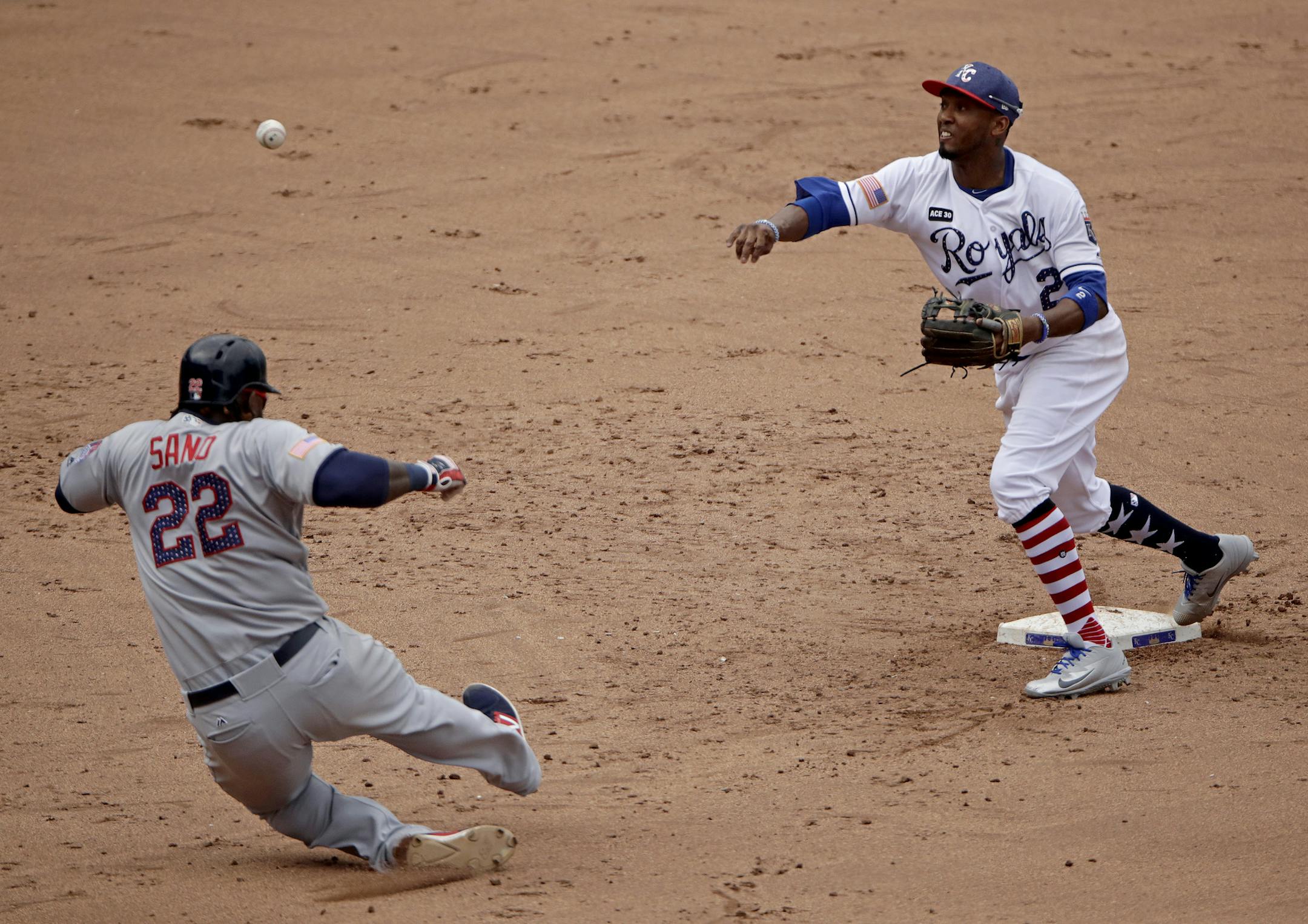 Kansas City Royals' Alcides Escobar throws to first for the double play hit into by Minnesota Twins' Eduardo Escobar after forcing Miguel Sano (22) out at second during the fifth inning of a baseball game, Sunday, July 2, 2017, in Kansas City, Mo. (AP Photo/Charlie Riedel)